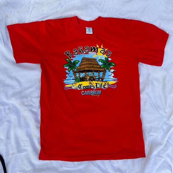 Vintage Red Bahamas Caribbean Cruising Tiki Hut Island Bar Single-Stitch Tshirt - Picture 3 of 7